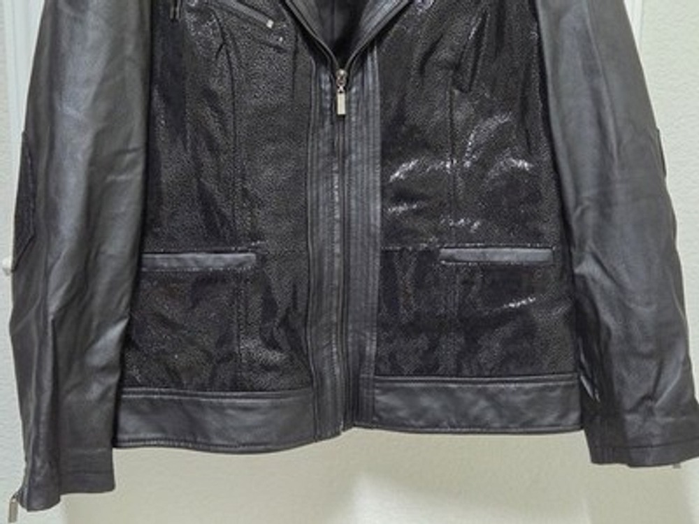 Pamela McCoy Genuine Leather Jacket Black Textured Moto Zip Women's M - Picture 3 of 15